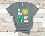 Bella Canvas 3001 Deep Heather with Kelly Green and White print and neon yellow softball heart.
