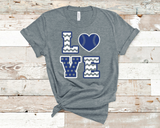 Deep Heather Grey Bella Canvas t-shirt with royal blue and white print.