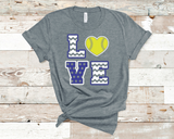 Bella Canvas 3001 Deep Heather with Royal Blue and White print and neon yellow softball heart.