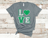 Deep Heather Grey Bella Canvas t-shirt with kelly green and white print.