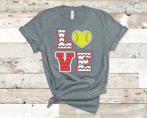 Bella Canvas 3001 Deep Heather with Red and White print and neon yellow softball heart.